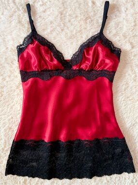 Y2K Vintage Do & Be Red Satin Cami Top Lace Trim Grunge Goth Spaghetti Strap M